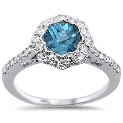 1.53cts 10k White Gold Round Blue Topaz Diamond Ring Size 6.5