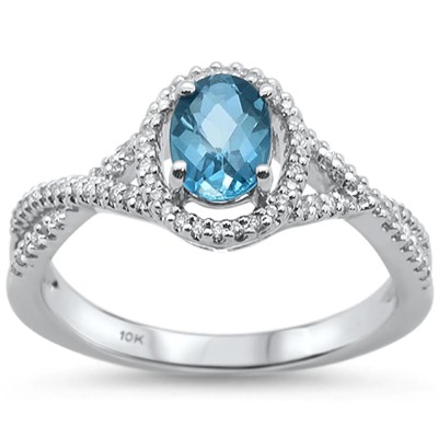 0.97cts 10k White Gold Oval Blue Topaz Diamond Ring Size 6.5