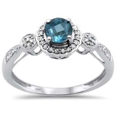 0.74cts 10k White Gold Round Blue Topaz Diamond Ring Size 6.5