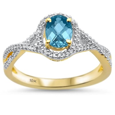 1.03cts 10k Yellow Gold Oval Blue Topaz Diamond Ring Size 6.5
