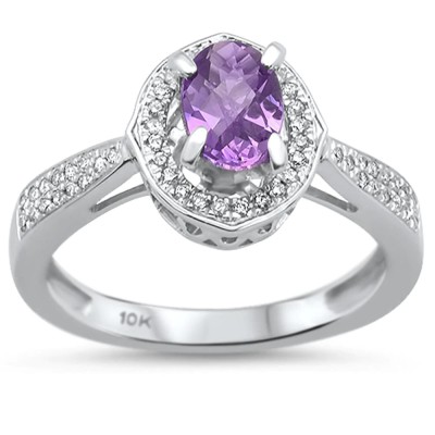 0.89cts 10k White Gold Oval Amethyst Diamond Ring Size 6.5