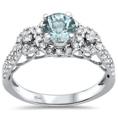 1.14cts 10k White Gold Round Aquamarine Diamond Ring Size 6.5