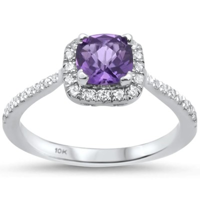 1.04cts 10k White Gold Cushion Amethyst Diamond Ring Size 6.5