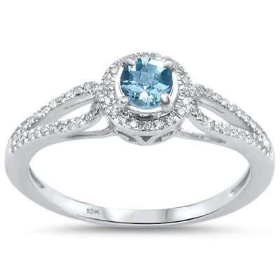 0.64cts 10k White Gold Round Aquamarine Diamond Ring Size 6.5
