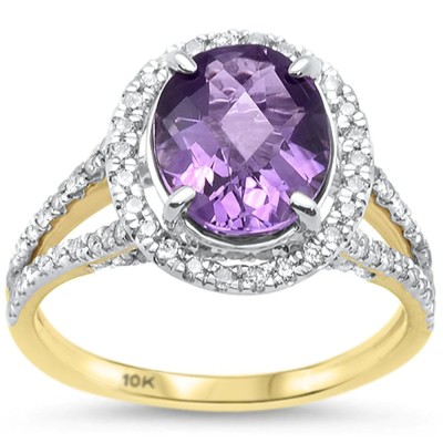 2.71cts 10k Yellow Gold Oval Amethyst Diamond Ring Size 6.5