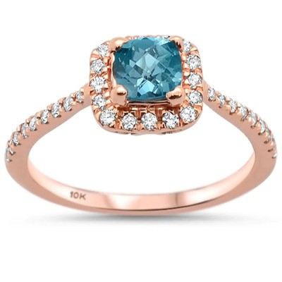 0.71cts 10k Rose Gold Cushion Blue Topaz Diamond Ring Size 6.5