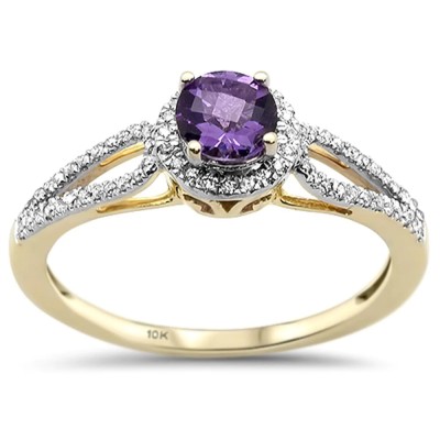 0.54cts 10k Yellow Gold Round Amethyst Diamond Ring Size 6.5
