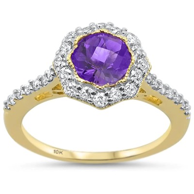 1.4cts 10k Yellow Gold Round Amethyst Diamond Ring Size 6.5