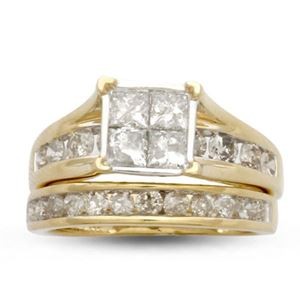 LADIES BRIDAL RING SET 1-1/2 CT ROUND/PRINCESS DIAMOND 14K YELLOW GOLD